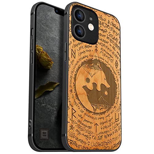 Carveit Handyhülle für iPhone 12 Mini Holz Cover kompatibel mit Apple MagSafe Case Magnetischen Ladegeräten Massivholz Kompatibel mit 12 Mini hulle（Kirschholz-Wolf der Sonne und Mond） von Carveit