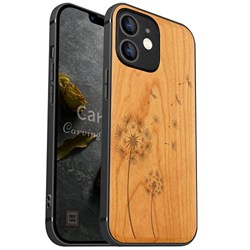 Carveit Handyhülle für iPhone 12 Mini Holz Cover kompatibel mit Apple MagSafe & QI drahtlosen magnetischen Ladegeräten Massivholz Kompatibel mit 12 Mini hulle（Kirschholz-Blume Löwenzahn） von Carveit