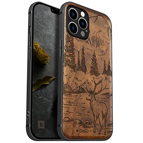 Carveit Handyhülle für iPhone 12 Pro Holz Cover kompatibel MagSafe mit Apple & QI drahtlosen magnetischen Ladegeräten Massivholz Kompatibel mit 12 Pro hulle（Nussbaum-Berge und Hirsche） von Carveit