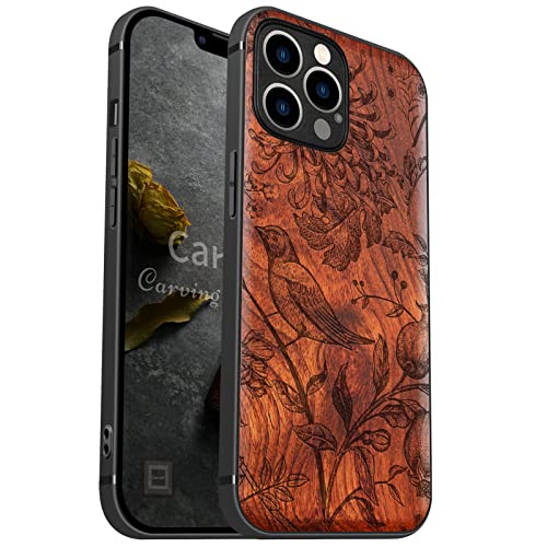 Carveit Handyhülle für iPhone 12 Pro Holz Cover kompatibel MagSafe mit Apple & QI drahtlosen magnetischen Ladegeräten Massivholz Kompatibel mit 12 Pro hulle（Rosig-japanische-vögel） von Carveit