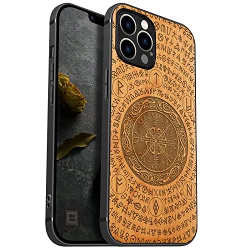 Carveit Handyhülle für iPhone 12 Pro Holz Cover kompatibel mit Apple MagSafe magnetischen Ladegeräten Massivholz Kompatibel mit 12 Pro hulle（Kirschholz-Das Vegvissir von Viking） von Carveit