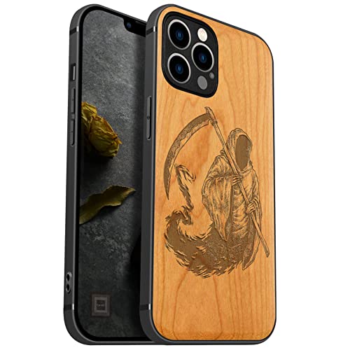 Carveit Handyhülle für iPhone 12 Pro Holz Cover kompatibel mit Apple MagSafe magnetischen Ladegeräten Massivholz Kompatibel mit 12 Pro hulle（Kirschholz-der Sensenmut） von Carveit