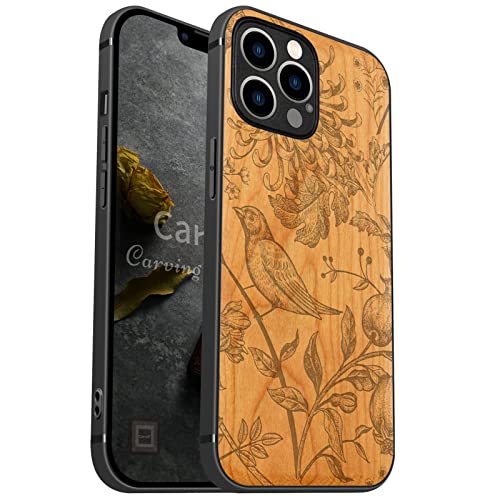 Carveit Handyhülle für iPhone 12 Pro Holz Cover kompatibel mit Apple MagSafe & QI drahtlosen magnetischen Ladegeräten Massivholz Kompatibel mit 12 Pro hulle（Kirschholz-japanische-vögel） von Carveit