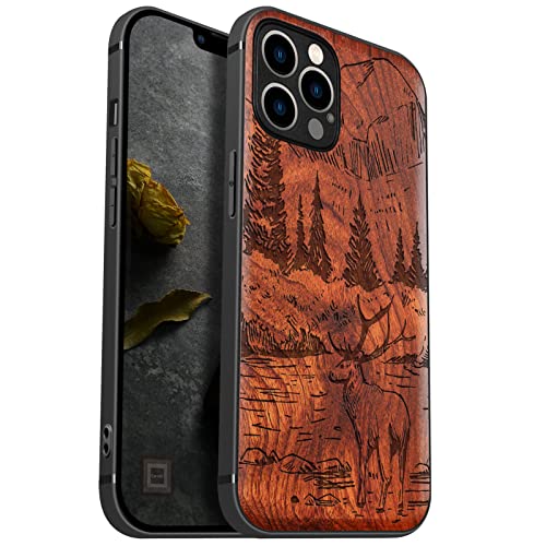 Carveit Handyhülle für iPhone 12 Pro Holz Cover kompatibel MagSafe mit Apple & QI drahtlosen magnetischen Ladegeräten Massivholz Kompatibel mit 12 Pro hulle（Rosig-Berge und Hirsche） von Carveit