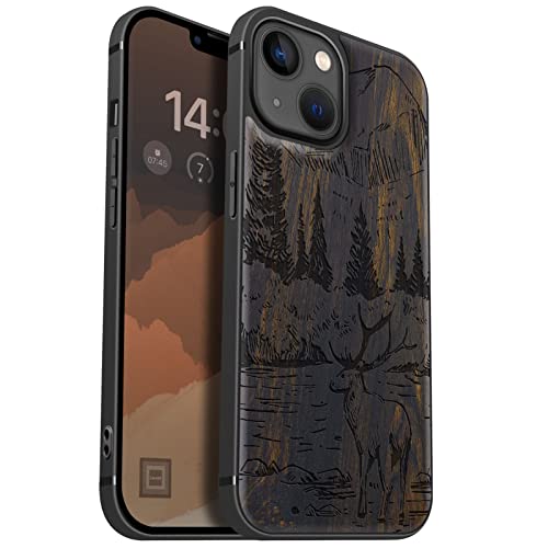 Carveit Handyhülle für iPhone 13 Holz Cover kompatibel MagSafe mit Apple & QI drahtlosen magnetischen Ladegeräten Massivholz Kompatibel mit 13 hulle（Dunklesholz-Berge und Hirsche） von Carveit