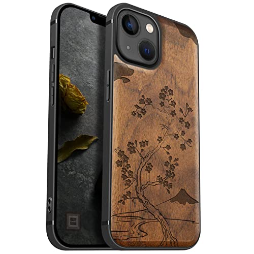 Carveit Handyhülle für iPhone 13 Holz Cover kompatibel MagSafe mit Apple & QI drahtlosen magnetischen Ladegeräten Massivholz Kompatibel mit 13 hulle（Nussbaum-Kirschblüte mit Berg Fuji） von Carveit