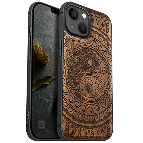 Carveit Handyhülle für iPhone 13 Holz Cover kompatibel MagSafe mit Apple & QI drahtlosen magnetischen Ladegeräten Massivholz Kompatibel mit 13 hulle（Nussbaum-Yin-Yang-Paisley） von Carveit