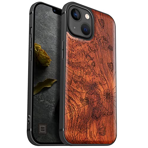 Carveit Handyhülle für iPhone 13 Holz Cover kompatibel MagSafe mit Apple & QI drahtlosen magnetischen Ladegeräten Massivholz Kompatibel mit 13 hulle（Rosig-Weltkarte） von Carveit