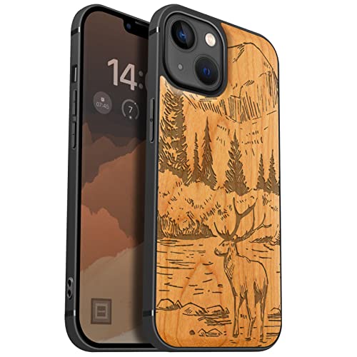 Carveit Handyhülle für iPhone 13 Holz Cover kompatibel mit Apple MagSafe & QI drahtlosen magnetischen Ladegeräten Massivholz Kompatibel mit 13 hulle（Kirschholz-Berge und Hirsche） von Carveit