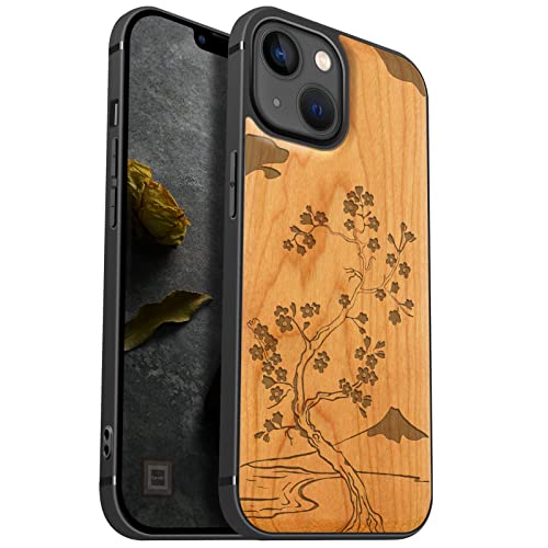 Carveit Handyhülle für iPhone 13 Holz Cover kompatibel mit Apple MagSafe & QI drahtlosen magnetischen Ladegeräten Massivholz Kompatibel mit 13 hulle（Kirschholz-Kirschblüte mit Berg Fuji） von Carveit
