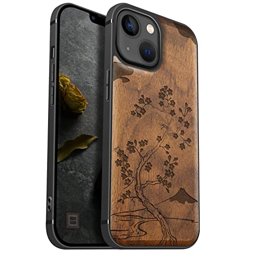 Carveit Handyhülle für iPhone 13 Mini Holz Cover kompatibel MagSafe mit Apple & QI drahtlosen magnetischen Ladegeräten Massivholz Kompatibel mit 13 Mini Case（Nussbaum-Kirschblüte mit Berg Fuji） von Carveit