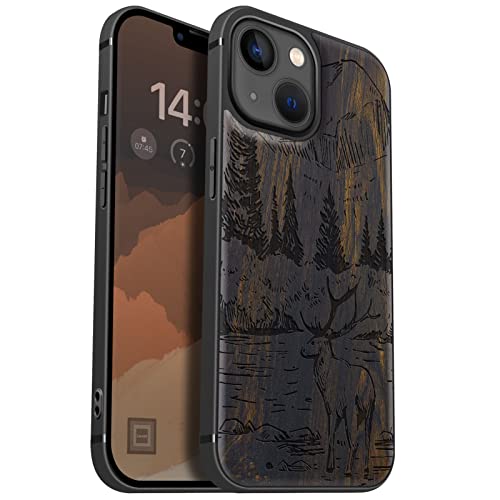 Carveit Handyhülle für iPhone 13 Mini Holz Cover kompatibel MagSafe mit Apple & QI drahtlosen magnetischen Ladegeräten Massivholz Kompatibel mit 13 Mini hulle（Dunklesholz-Berge und Hirsche） von Carveit