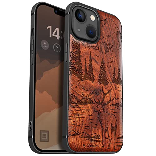 Carveit Handyhülle für iPhone 13 Mini Holz Cover kompatibel MagSafe mit Apple & QI drahtlosen magnetischen Ladegeräten Massivholz Kompatibel mit 13 Mini hulle（Rosig-Berge und Hirsche） von Carveit