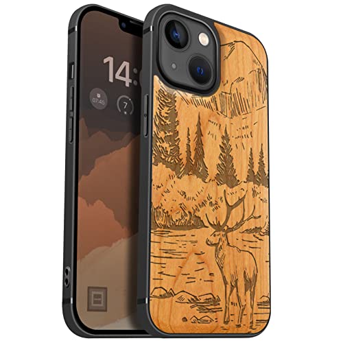 Carveit Handyhülle für iPhone 13 Mini Holz Cover kompatibel mit Apple MagSafe & QI drahtlosen magnetischen Ladegeräten Massivholz Kompatibel mit 13 Mini hulle（Kirschholz-Berge und Hirsche） von Carveit