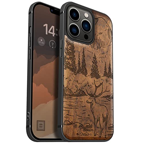 Carveit Handyhülle für iPhone 13 Pro Holz Cover kompatibel MagSafe mit Apple & QI drahtlosen magnetischen Ladegeräten Massivholz Kompatibel mit 13 Pro hulle（Nussbaum-Berge und Hirsche） von Carveit