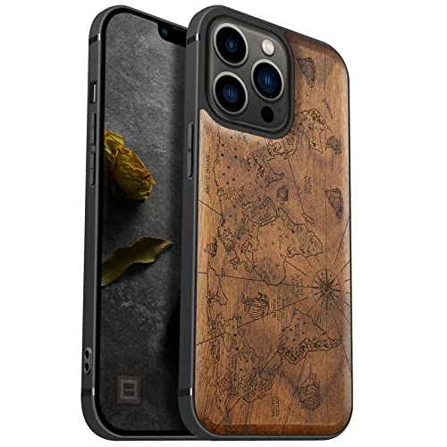 Carveit Handyhülle für iPhone 13 Pro Holz Cover kompatibel MagSafe mit Apple & QI drahtlosen magnetischen Ladegeräten Massivholz Kompatibel mit 13 Pro hulle（Nussbaum-Weltkarte） von Carveit
