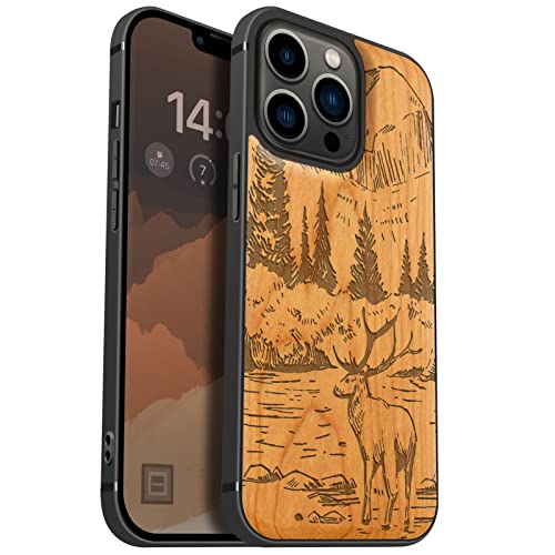 Carveit Handyhülle für iPhone 13 Pro Holz Cover kompatibel mit Apple MagSafe & QI drahtlosen magnetischen Ladegeräten Massivholz Kompatibel mit 13 Pro hulle（Kirschholz-Berge und Hirsche） von Carveit
