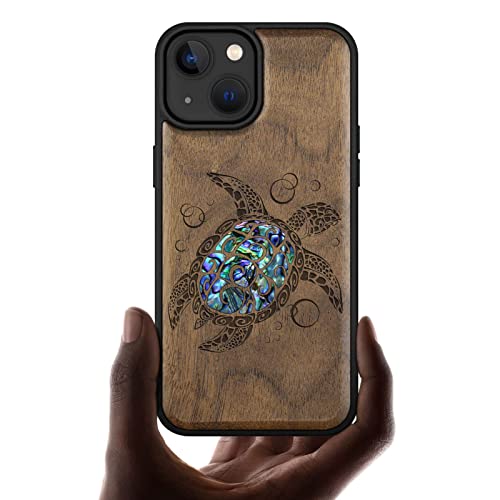 Carveit Handyhülle für iPhone 14 Holz Cover kompatibel MagSafe [Holzgravur & Muschel Inlay] Magnetisch Case für Apple 14 TPU hulle Einzigartiges Kunstwerk（Nussbaum-Meeresschildkröte） von Carveit