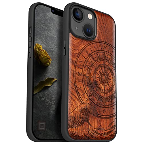 Carveit Handyhülle für iPhone 14 Holz Cover kompatibel MagSafe mit Massivholz für Apple 14 Stoßfeste Stoßstange Weich TPU hulle（Rosig-Der Kompass vor Kanagawa Waves） von Carveit