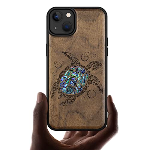 Carveit Handyhülle für iPhone 14 Plus Holz Cover kompatibel MagSafe [Holzgravur & Muschel Inlay] Magnetisch Case für Apple 14 Plus TPU hulle Einzigartiges Kunstwerk（Nussbaum-Meeresschildkröte） von Carveit