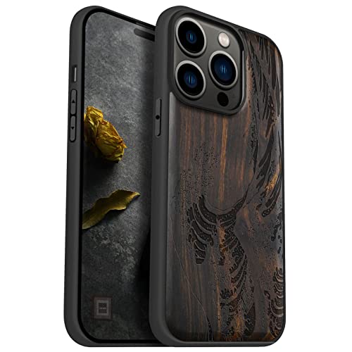 Carveit Handyhülle für iPhone 14 Pro Cover Kompatibel Magsafe [Holz und TPU Silikon Hybrid hülle] Magnetisch Hull für Apple 14Pro Case Holzdesign（Dunklesholz-Die große Welle vor Kanagawa） von Carveit