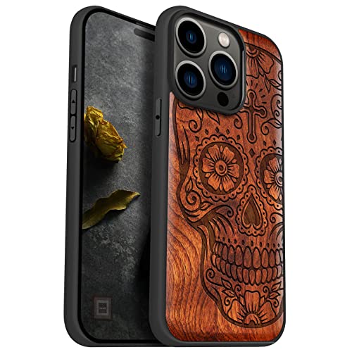 Carveit Handyhülle für iPhone 14 Pro Holz Cover kompatibel MagSafe mit Massivholz für Apple 14Pro Stoßfeste Stoßstange Weich TPU hulle（Rosig-Dia de los Muertos-Zuckerschädel） von Carveit