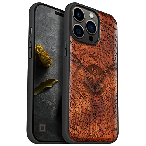 Carveit Handyhülle für iPhone 14 Pro Max Cover Kompatibel Magsafe [Holz und TPU Silikon Hybrid hülle] Magnetisch Hull für Apple 14 pro max Case（Rosig-Die Fledermaus der Alten Handschrift） von Carveit