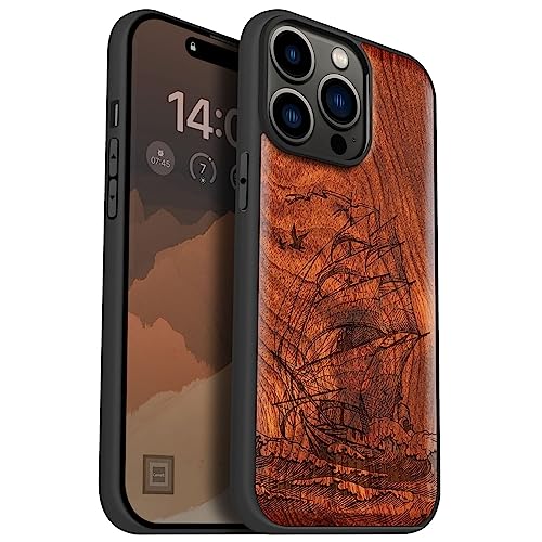 Carveit Handyhülle für iPhone 14 Pro Max Cover Kompatibel mit Magsafe [Holz und TPU Silikon Hybrid hülle] Magnetisch Hull für Apple 14 pro max Case（Rosig-Eine Vintage-Yacht vor imposanten Wellen） von Carveit