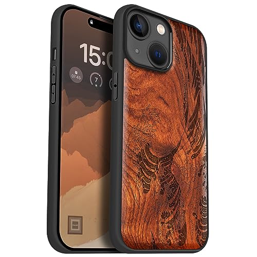 Carveit Handyhülle für iPhone 15 Cover Kompatibel mit Magsafe [Holz und TPU Silikon Hybrid hülle] Magnetisch Case für Apple 15 hulle Holzdesign（Rosig-Die große Welle vor Kanagawa）. von Carveit