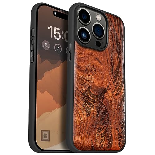 Carveit Handyhülle für iPhone 15 Pro Cover Kompatibel mit Magsafe [Holz und TPU Silikon Hybrid hülle] Magnetisch Case für Apple 15 Pro hulle Holzdesign（Rosig-Die große Welle vor Kanagawa）. von Carveit