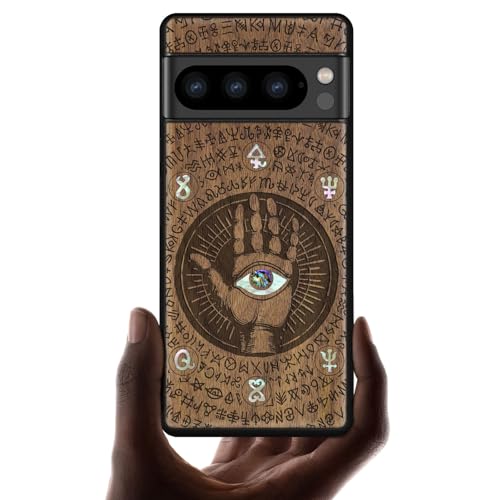 Carveit Handyhulle für Google Pixel 8 Pro Cover [Holzgravur & Muschel Inlay] Einzigartiges Kunstwerk handyhülle Kompatibel mit Pixel 8 Pro Case（Nussbaum-Allsehende Hand） von Carveit