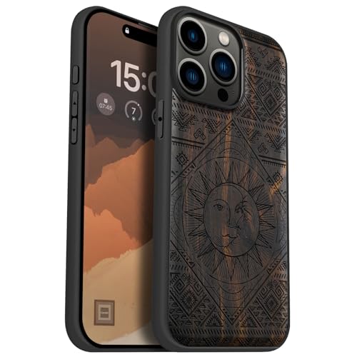 Carveit Holz Cover für iPhone 15 Pro Max Handyhulle kompatibel mit MagSafe Massivholz für Apple 15 pro max Handyhülle Stoßstange Weich TPU hulle（Dunklesholz-Die strahlende Sonne und der Mond） von Carveit