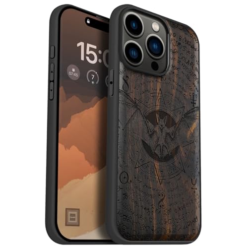 Carveit Holz Cover für iPhone 15 Pro Max hülle, Kompatibel mit Magsafe Silikon Stoßfeste Cover, Magnetisch Hull für Apple 15 pro max Case（Dunklesholz-Die Fledermaus der Alten Handschrift） von Carveit