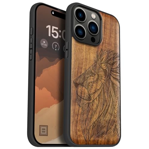 Carveit Holz Cover für iPhone 15 Pro Max hülle, Kompatibel mit Magsafe Silikon Stoßfeste Cover, Magnetisch Hull für Apple 15 pro max Case（Nussbaum-Hand gezeichnet von Löwe） von Carveit