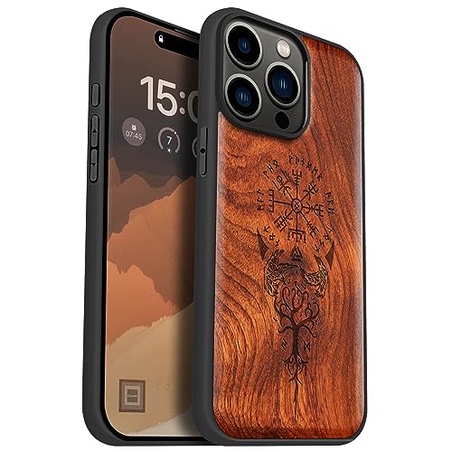 Carveit Holz Cover für iPhone 15 Pro Max hülle, Kompatibel mit Magsafe Silikon Stoßfeste Cover, Magnetisch Hull für Apple 15 pro max Case（Rosig-Wikingerkompass Vegvisir）. von Carveit