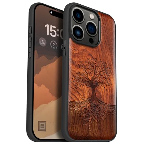 Carveit Holz Cover für iPhone 15 Pro hülle, Kompatibel mit Magsafe Silikon Stoßfeste Cover, Magnetisch Hull für Apple 15 Pro Case（Rosig-Baum mit Wurzeln） von Carveit