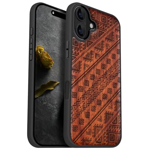 Carveit Holz Cover für iPhone 16 Plus Handyhulle kompatibel MagSafe Massivholz für Apple 16 Plus Handyhülle Stoßstange Weich TPU hulle（Rosig-Aztekische geometrische Harmonie） von Carveit