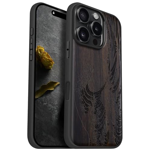 Carveit Holz Cover für iPhone 16 Pro hülle, Handyhülle kompatibel MagSafe Silikon Stoßfeste Case, Magnetisch Hull für Apple 16 Pro Handyhulle（Dunklesholz-Die große Welle vor Kanagawa） von Carveit