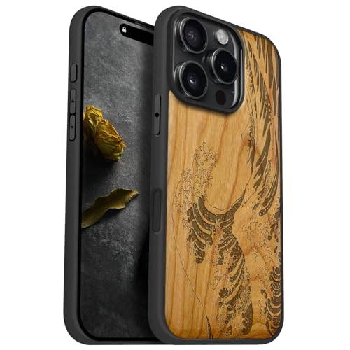 Carveit Holz Cover für iPhone 16 Pro hülle, Handyhülle kompatibel MagSafe Silikon Stoßfeste Case, Magnetisch Hull für Apple 16 Pro Handyhulle（Kirschholz-Die große Welle vor Kanagawa） von Carveit