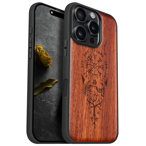 Carveit Holz Cover für iPhone 16 Pro hülle, Handyhülle kompatibel MagSafe Silikon Stoßfeste Case, Magnetisch Hull für Apple 16 Pro Handyhulle（Rosig-Wikingerkompass Vegvisir） von Carveit