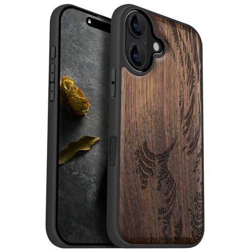 Carveit Holz Cover für iPhone 16 hülle, Handyhülle kompatibel MagSafe Silikon Stoßfeste Case, Magnetisch Hull für Apple 16 Handyhulle（Nussbaum-Die große Welle vor Kanagawa） von Carveit