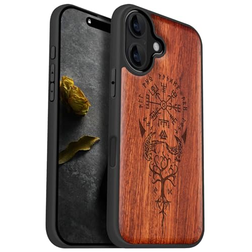 Carveit Holz Cover für iPhone 16 hülle, Handyhülle kompatibel MagSafe Silikon Stoßfeste Case, Magnetisch Hull für Apple 16 Handyhulle（Rosig-Wikingerkompass Vegvisir） von Carveit