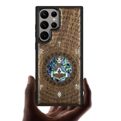 Carveit Holz HandyHolz Handyhülle für Samsung S24 Ultra hülle [Holzgravur & Muschel Inlay] Stoßstange Cover Kompatibel mit Galaxy S24 Ultra Case（Nussbaum-Thors Hammer） von Carveit