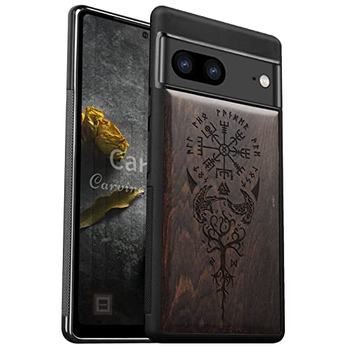 Carveit Holz Handyhülle für Google Pixel 7 Cover [Einzigartiges Design Case] Stoßstange hülle Kompatibel mit Google Pixel 7 Stilvolle Aussehen Hülle（Schwarzholz-Wikingerkompass Vegvisir） von Carveit