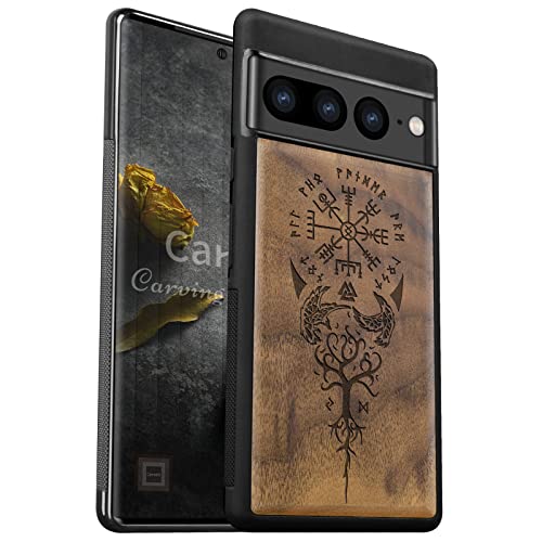 Carveit Holz Handyhülle für Google Pixel 7 Pro Cover [Einzigartiges Design Case] Stoßstange hülle Kompatibel mit pixel 7 pro Stilvolle Aussehen Hülle（Walnuss-Wikingerkompass Vegvisir） von Carveit