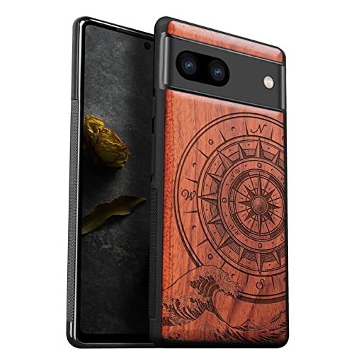 Carveit Holz Handyhülle für Google Pixel 7a Cover [Einzigartiges Design Case] Stoßstange hülle Kompatibel mit Google Pixel 7a Stilvolle Aussehen Hülle（Rosig-Der Kompass vor Kanagawa Waves） von Carveit
