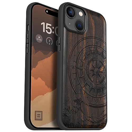 Carveit Holz Handyhülle für iPhone 15 Plus Handyhulle kompatibel mit MagSafe Massivholz für Apple 15 Plus Handyhülle Stoßfeste Stoßstange TPU hulle（Dunklesholz-Der Kompass vor Kanagawa Waves）. von Carveit