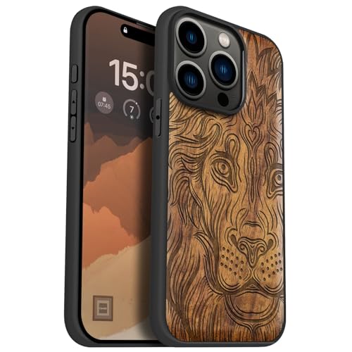 Carveit Holz Handyhülle für iPhone 15 Pro Handyhulle kompatibel mit MagSafe Massivholz für Apple 15 Pro Handyhülle Stoßfeste Stoßstange Weich TPU hulle（Nussbaum-Löwe im aztekischen Stil） von Carveit