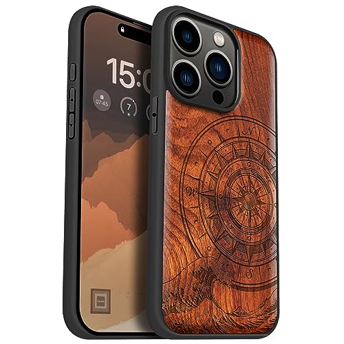 Carveit Holz Handyhülle für iPhone 15 Pro Handyhulle kompatibel mit MagSafe Massivholz für Apple 15 Pro Handyhülle Stoßfeste Stoßstange Weich TPU hulle（Rosig-Der Kompass vor Kanagawa Waves）. von Carveit