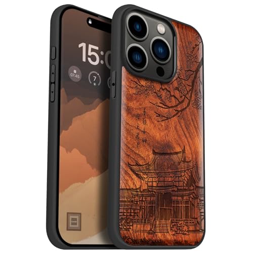 Carveit Holz Handyhülle für iPhone 15 Pro Handyhulle kompatibel mit MagSafe für Apple 15 Pro Handyhülle Stoßfeste Weich TPU hulle（Rosig-Der Tempel inmitten von Kirschblüten） von Carveit